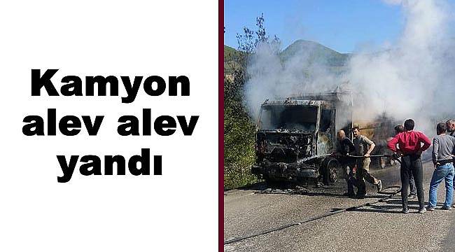 Kamyon alev alev yandı