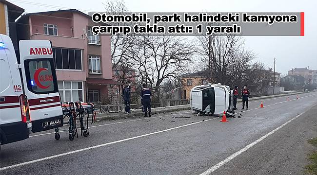 Otomobil, park halindeki kamyona çarpıp takla attı: 1 yaralı