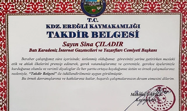 Kdz. Ereğli Kaymakamı'ndan BATİYAC Başkanı Çıladır'a takdir